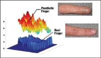 Figure 5.  Multispectral image data can clearly discriminate between a living finger and an ultra-realistic spoof. The graphs on the left show how similar the spectral content of each image is to that expected for a genuine finger.