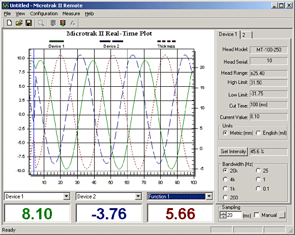 Figure 4. The display shows a real-time plot of the individual head's displacement and the resulting thickness measurement