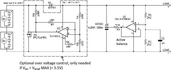 Figure 7. A solar cell-supercapacitor charging circuit with active balancing and overvoltage protection&nbsp;&nbsp;(Click image for larger version)