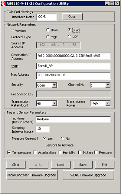 Figure 5. The SenSiFi Module's software package includes a configuration GUI through which WLAN parameters as well as sensor parameters are set