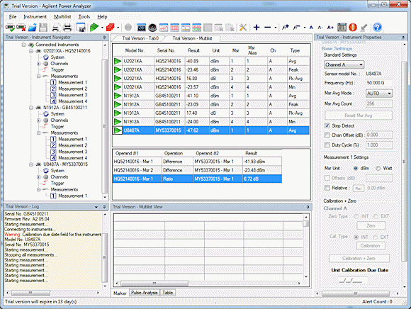 Fig. 2: Multi-list display format of the Agilent N1918A power analysis manager, which is capable of supporting more than 20 USB power sensors simultaneously.