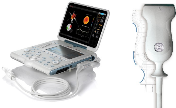 Fig. 1: The performance of ultrasonic diagnostic systems such as MyLabOne (left) depends heavily on probes placed on the skin (right).