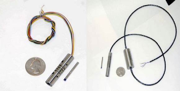 Fig. 4: Down hole high temperature and pressure (+200&deg;C and 20,000 psi) position sensor for drilling. Position sensor (right) with remote electronics for use in hostile environment.