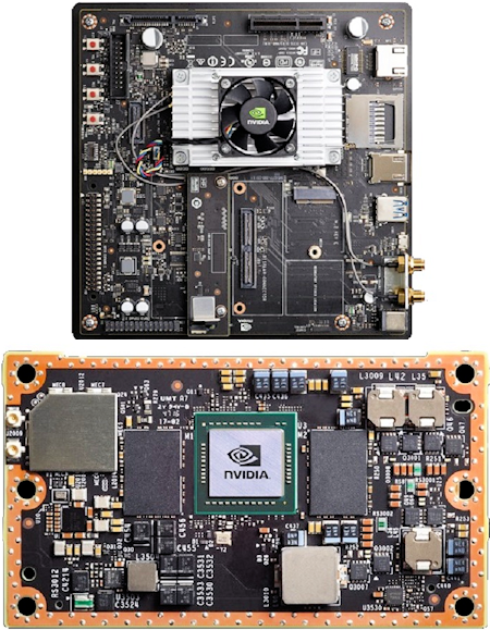 Fig. 1: Jetson TX2 employs NVIDIA's Tegra SoC, based on 64-bit "Denver 2" and ARM Cortex-A57 CPU cores along with a Pascal-generation GPU. TX2 comes in a developer kit (top) and production module (bottom) formats.