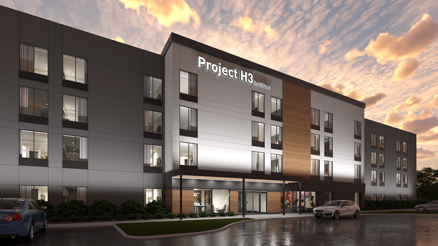 The exterior of Hiltons new extended-stay brand will include warm wood tones and a modern farmhouse-inspired palette