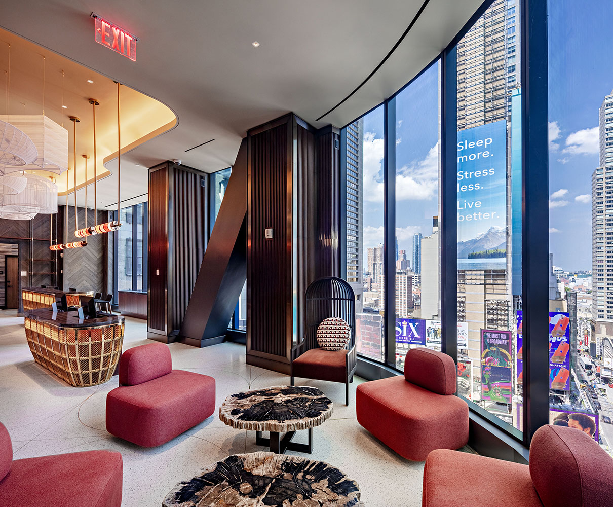 The 11th-floor lobby includes food-and-beverage and socializing spaces