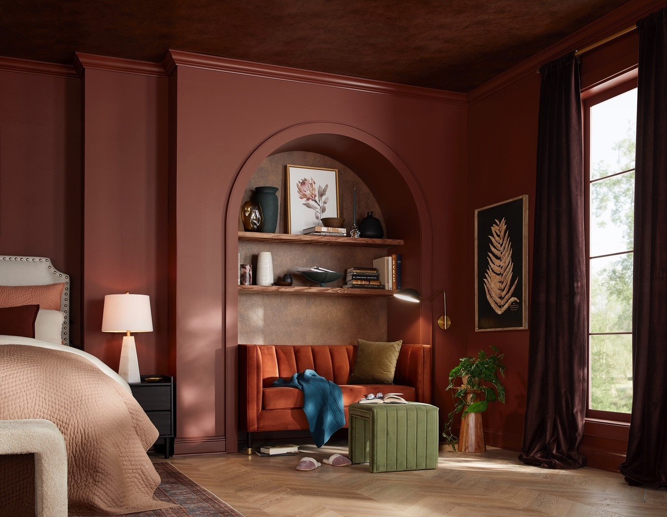 For bedrooms Glidden recommends pairing Warm Mahogany with soft linens and warm lighting