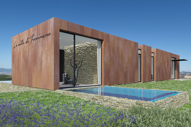 The property has a modern design that complements the countryside