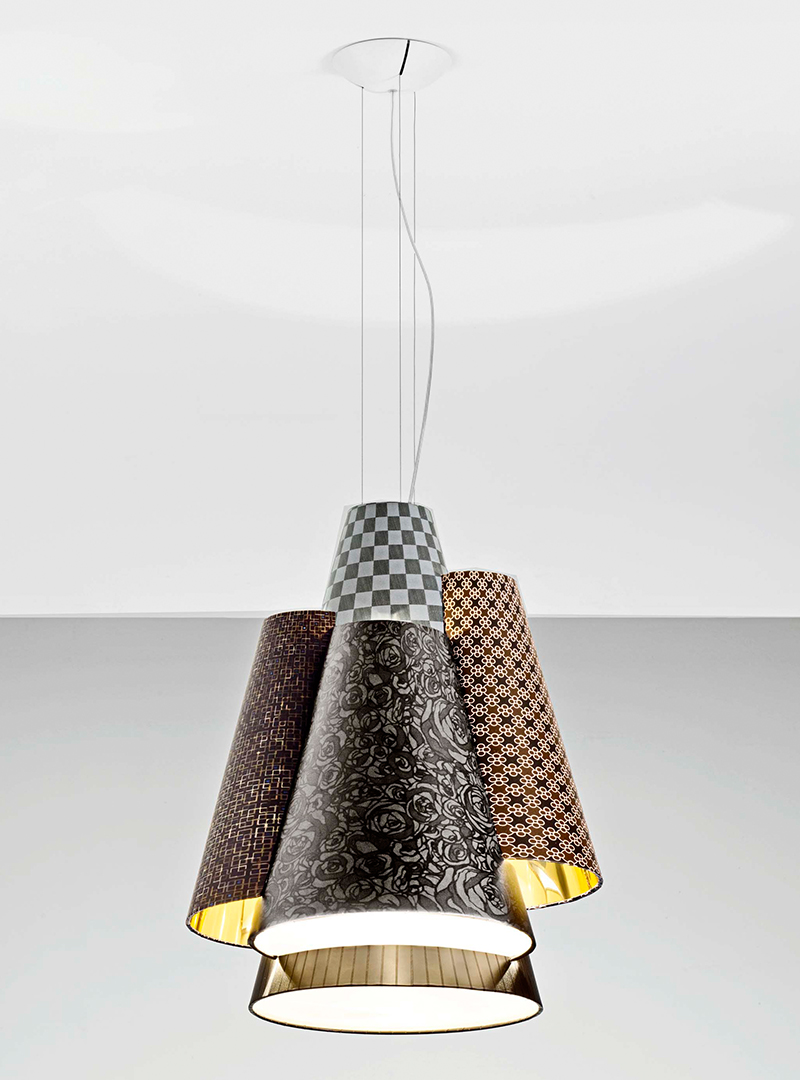 Melting Pot includes lampshades of different shapes in pre-defined combinations of light and dark patterns 