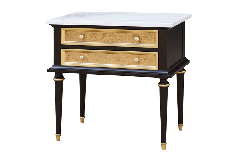 The Timeless night table has a neoclassical silhouette and contrasting wood finishes