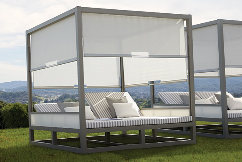 The cabana has powder-coated aluminum frame available in talc or graphite 