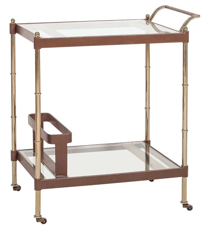 The bar cart has leather polished brass and tempered glass with wheels that allow for easy moving 