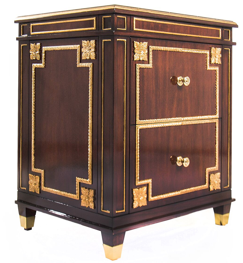 The table features khaya cathedral veneers and a high gloss dark mahogany wood finish 