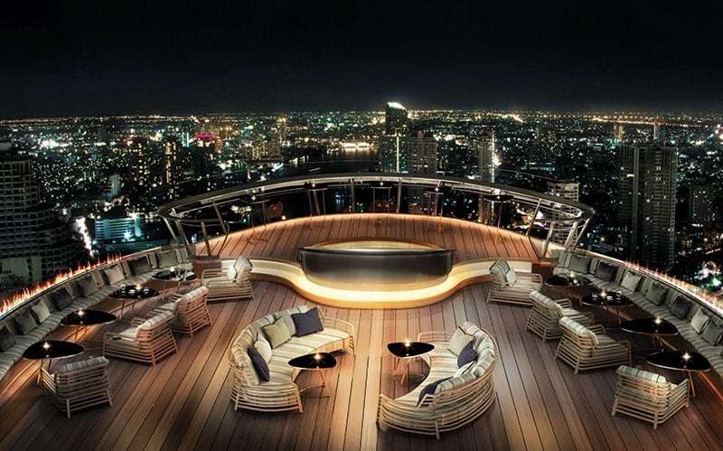 Outdoor deck of Alfresco 64 looking out over Bangkok Thailand at night