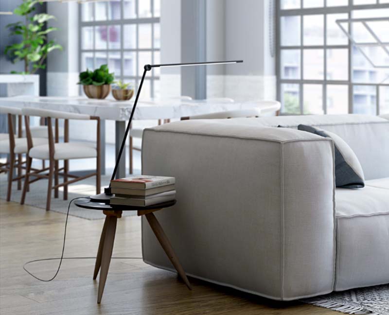 Designed by Peter Bristol the lamp has a slender profile projecting a minimalist aesthetic 