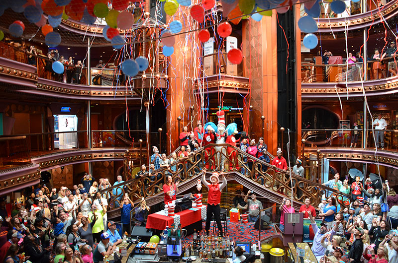 A balloon drop in Carnival Elations atrium celebrating the birthday of Dr Seuss