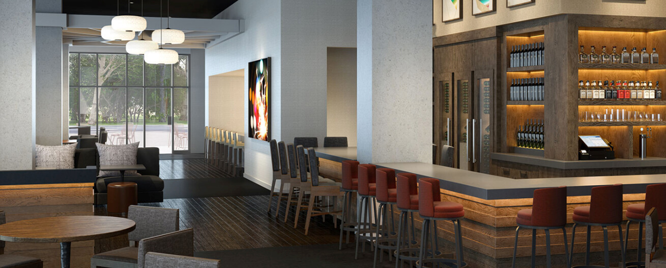 a restaurant and bar with tables and chairs