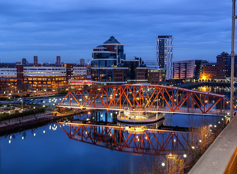 Salford Quays skyline in Greater Manchester England