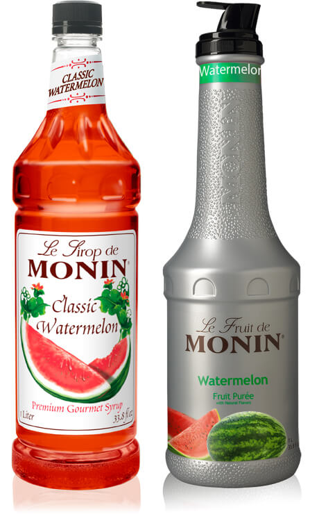 Monin Classic Watermelon Syrup and Monin Watermelon Fruit Puree gourmet flavorings - What's Shakin' week of June 5