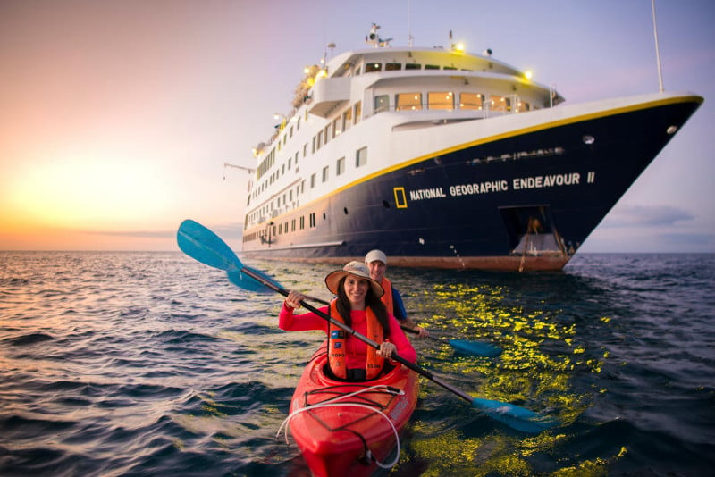 Kayaking in front of National Geographic Endeavor II 