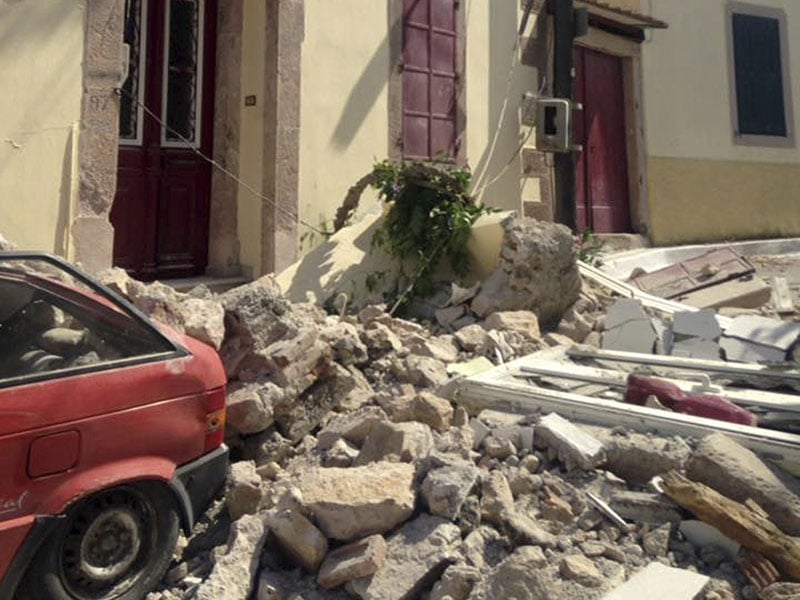 Damage to a building caused by an earthquake in the village of Vrissa on the northeastern Greek island of Lesbos