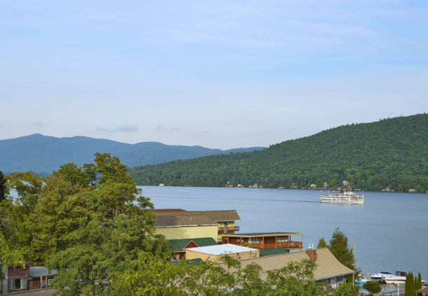 The rooftop deck of the Courtyard Lake George emphasizes views of upstate New York