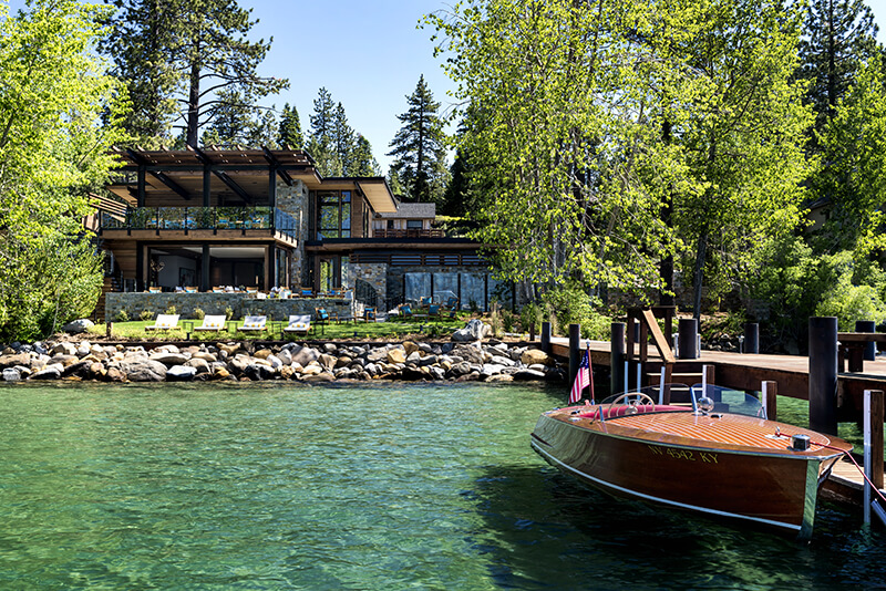 a view of the back of the The Ritz-Carlton Lake Tahoe Lake Club from the water