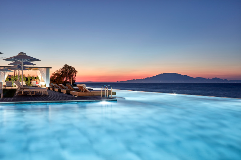 A pool-view sunset at the Lesante Blu Exclusive Beach Resort in Zakynthos Greece