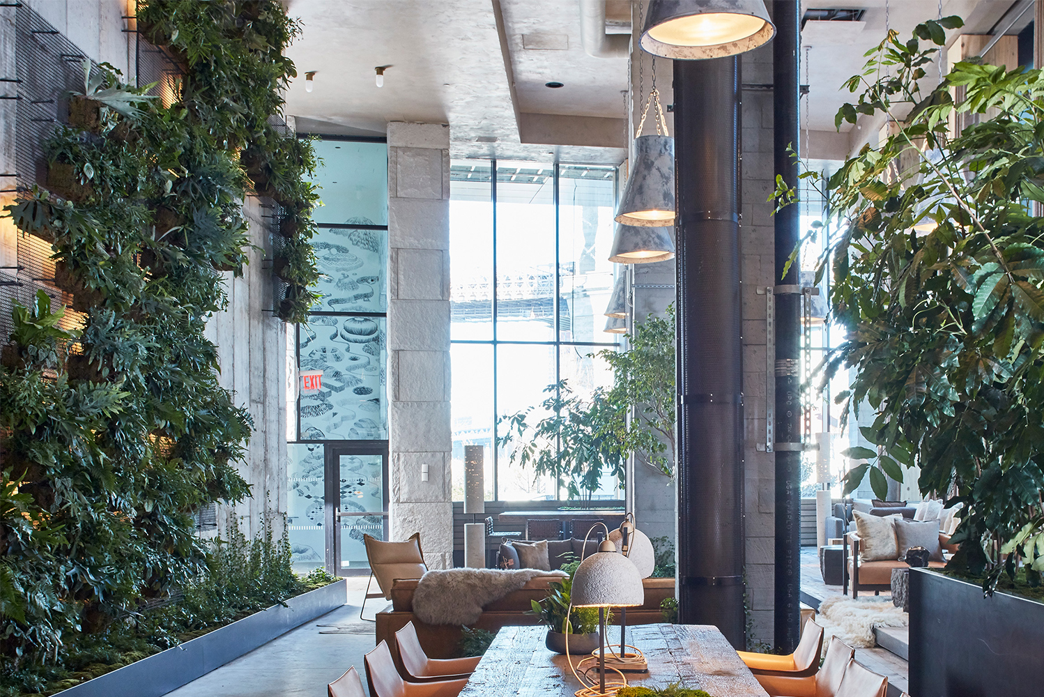 New York City-based landscape design firm Harrison Green brought the outdoors inside in the newly opened 1 Hotel Brooklyn Bri