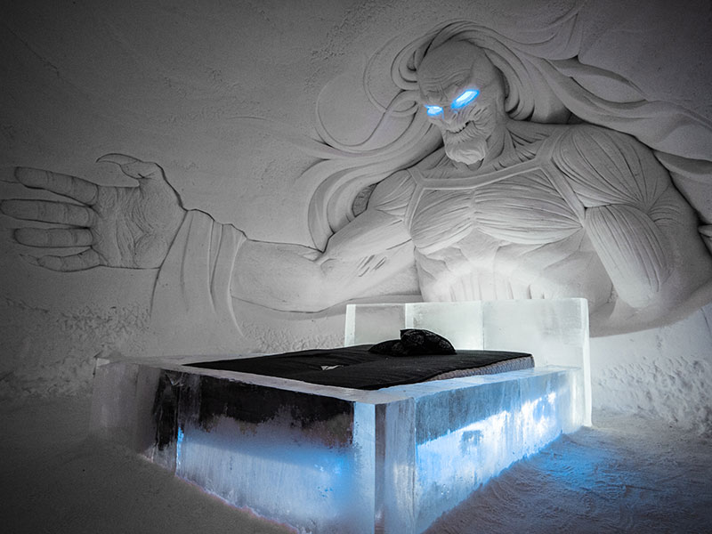 One of the themed suites has a white walker looming over the bed 