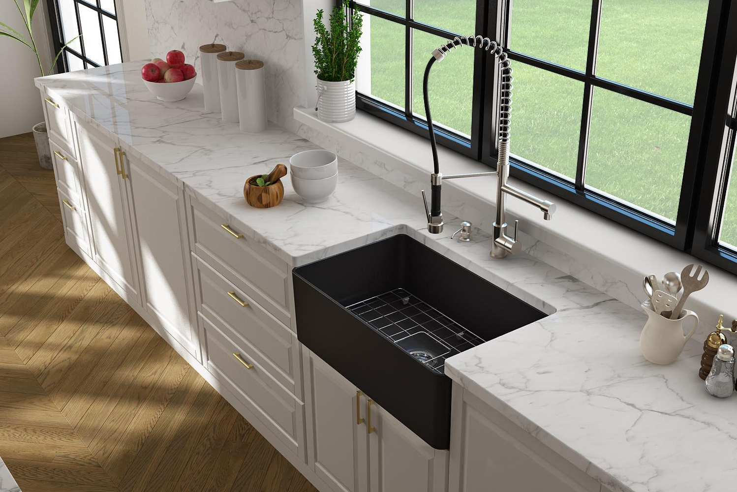 The Forte apron-front sink features a slim profile to allow its wall thickness to be cut nearly in half versus traditional fi