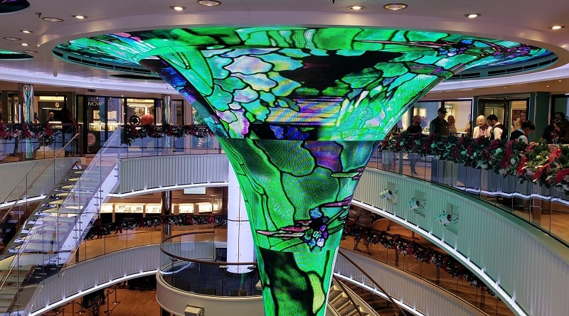 Carnival Panoramas soaring atrium art centerpiece changes colors much as a kaleidoscope does Photo by Susan J Young