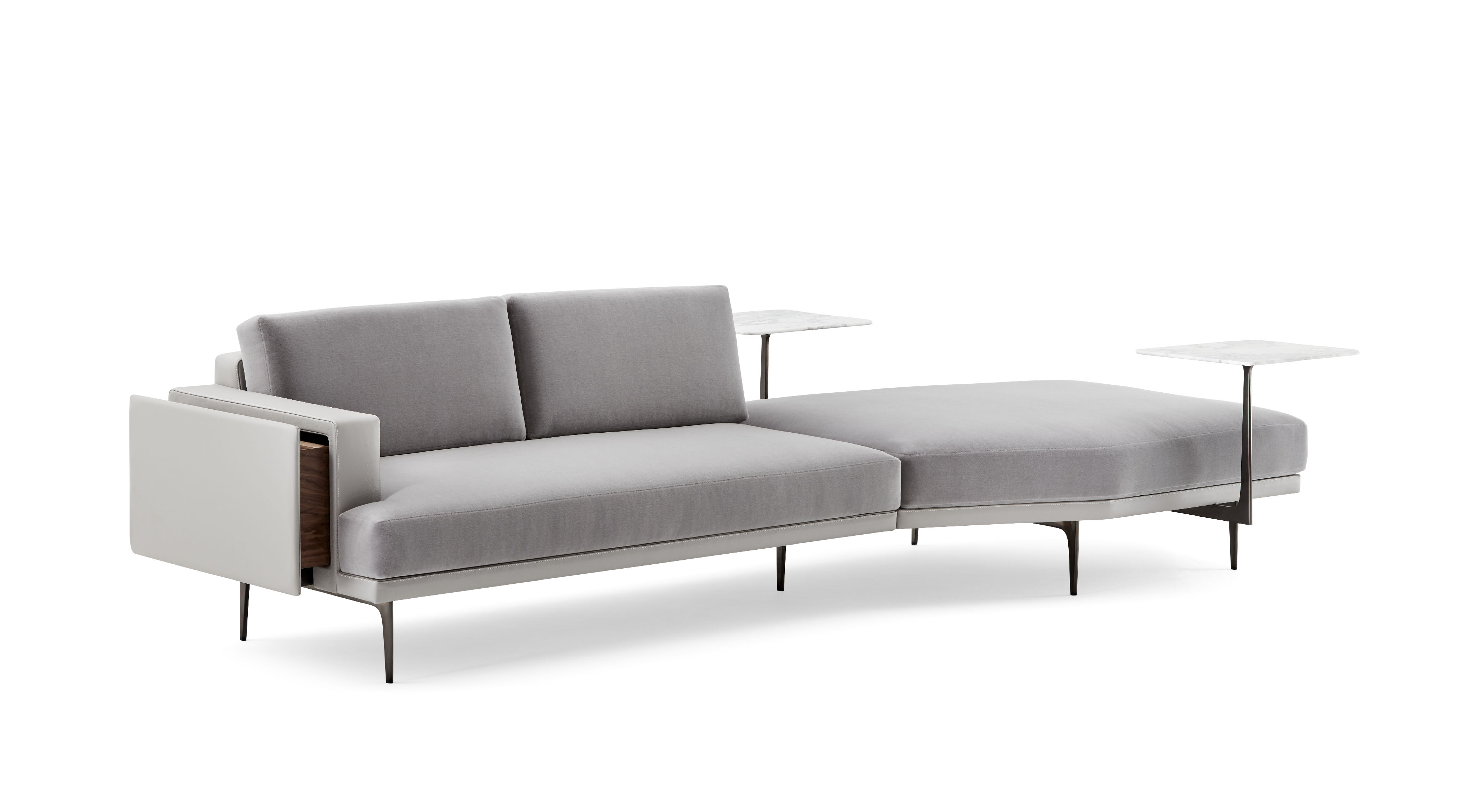The Lyda sofa designed for Haworth has steel arms and a marble tablet surface
