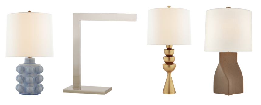 Table models include the Vedra Medium Table Lamp in polar blue crackle with a linen shade left