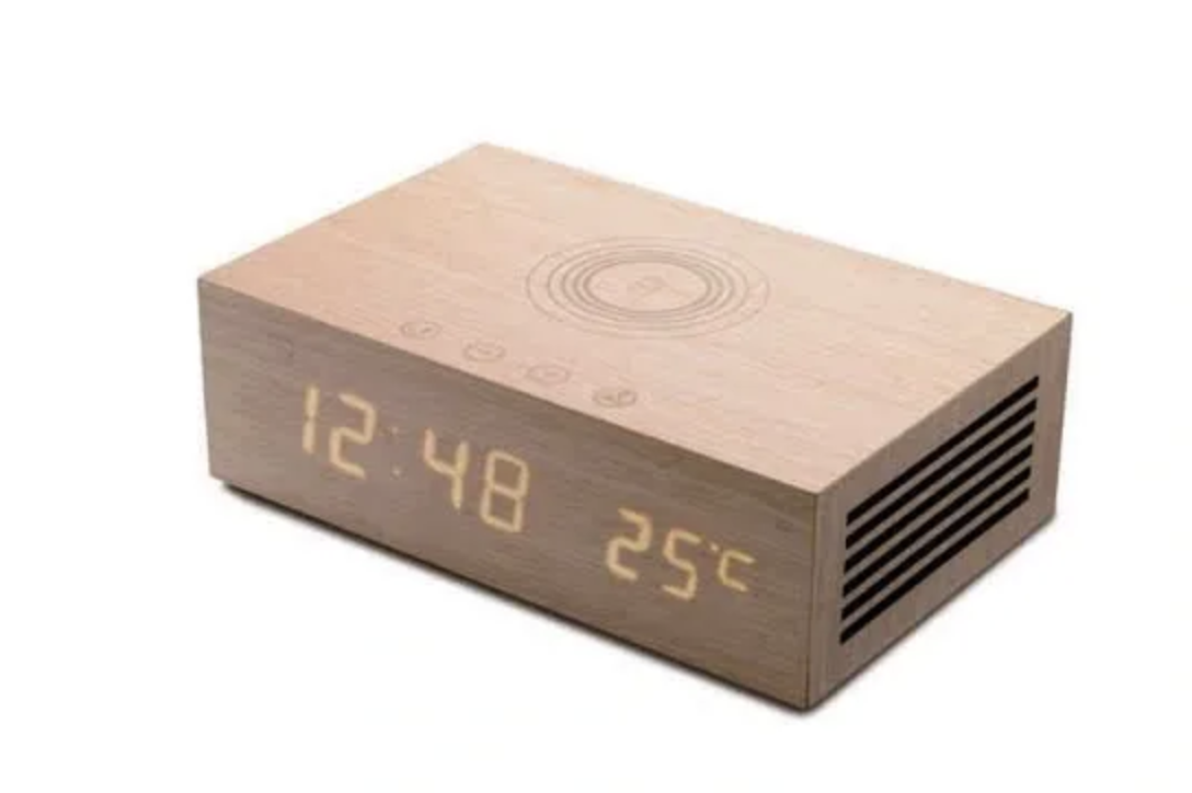 The Bluetooth unit has a wooden texture surface in natural or dark wood colors
