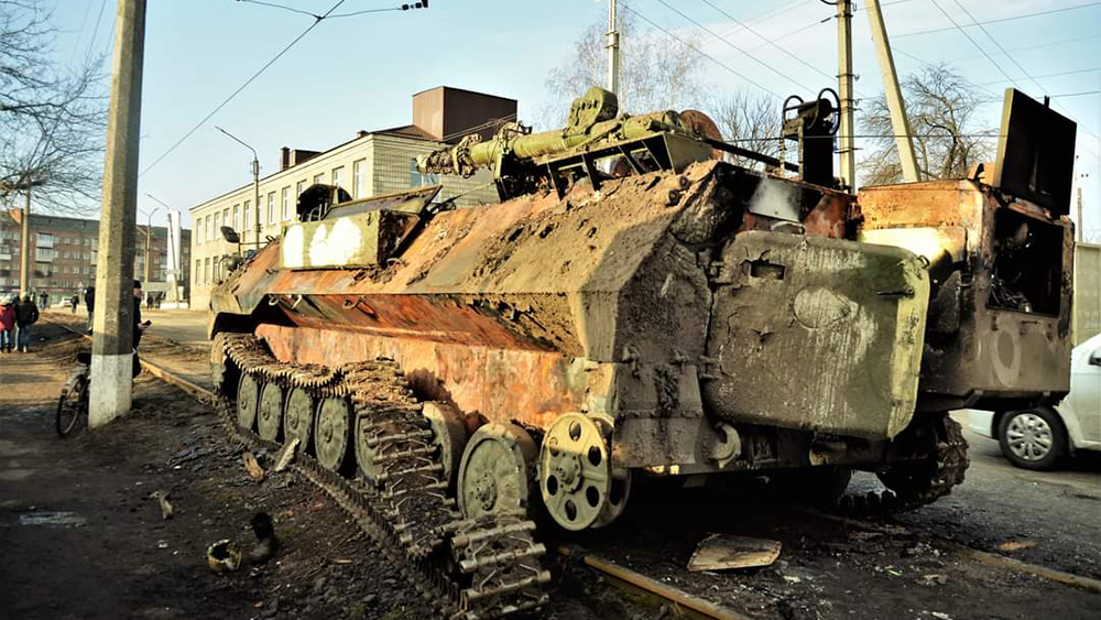 a destroyed tank at the Battle of Konotop in Ukraine