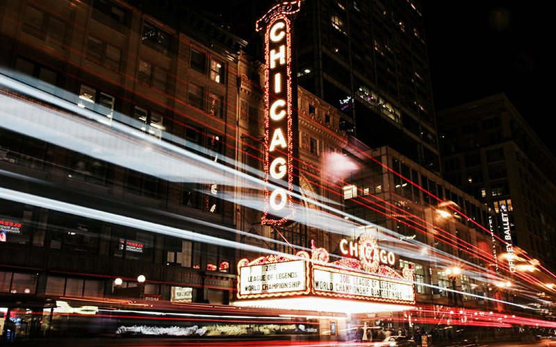 A long-exposure shot of Chicago at night