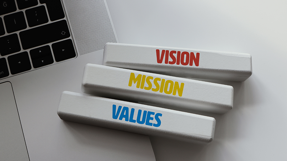 blocks that read vision mission and values