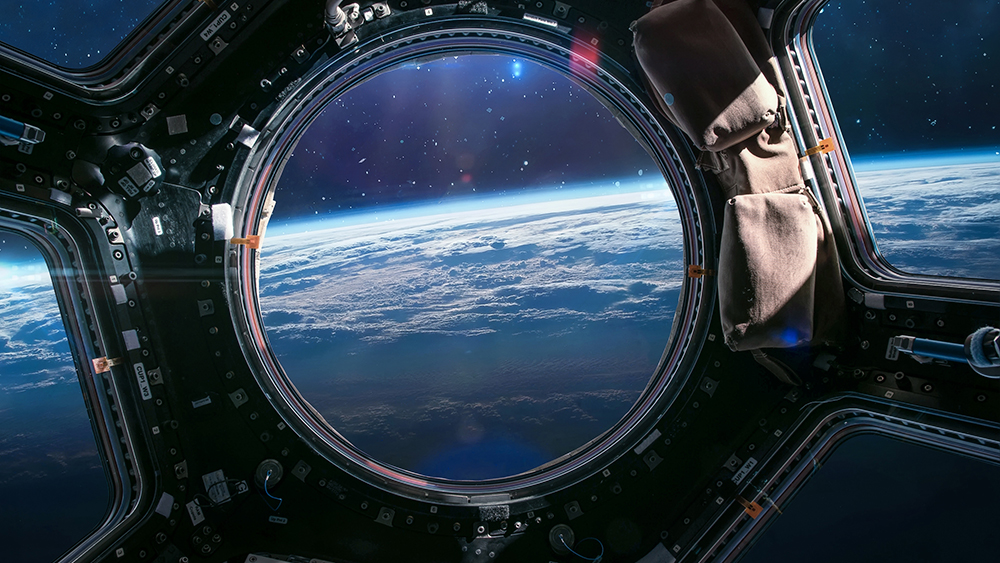 View of Earth through spaceship window