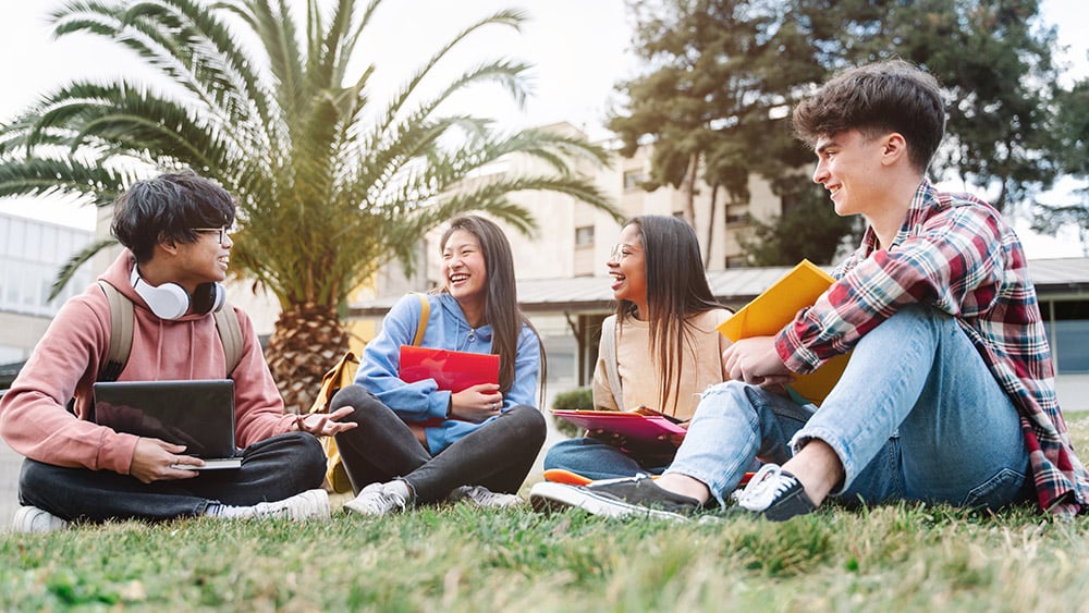 Diverse college students sitting on the lawn