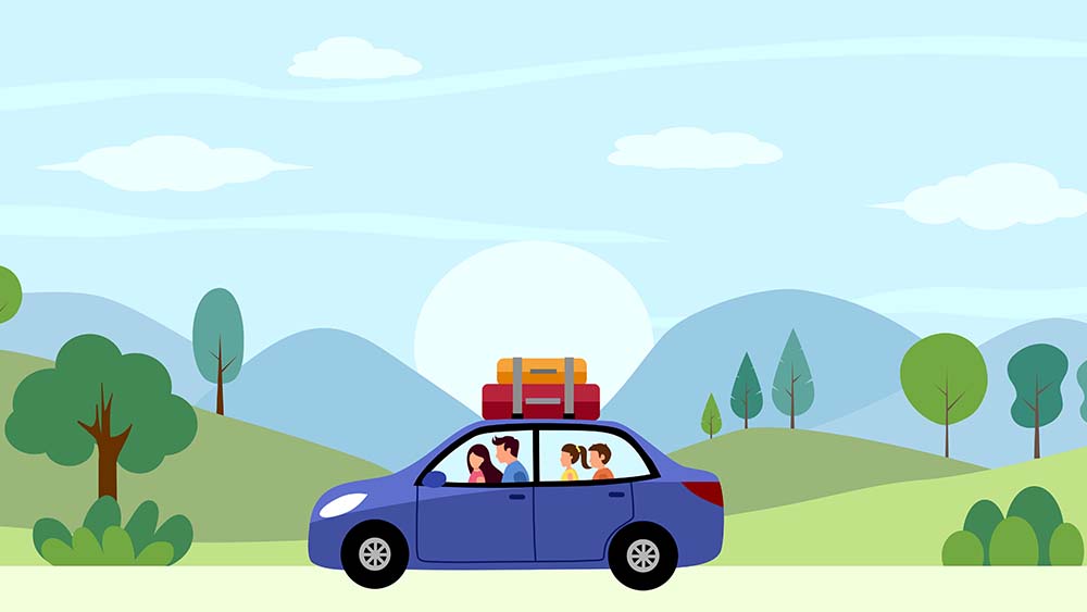 family in car for road trip graphic