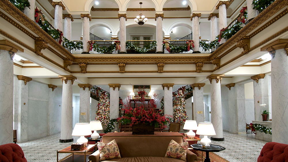 Luxury hotel lobby with Christmas decorations