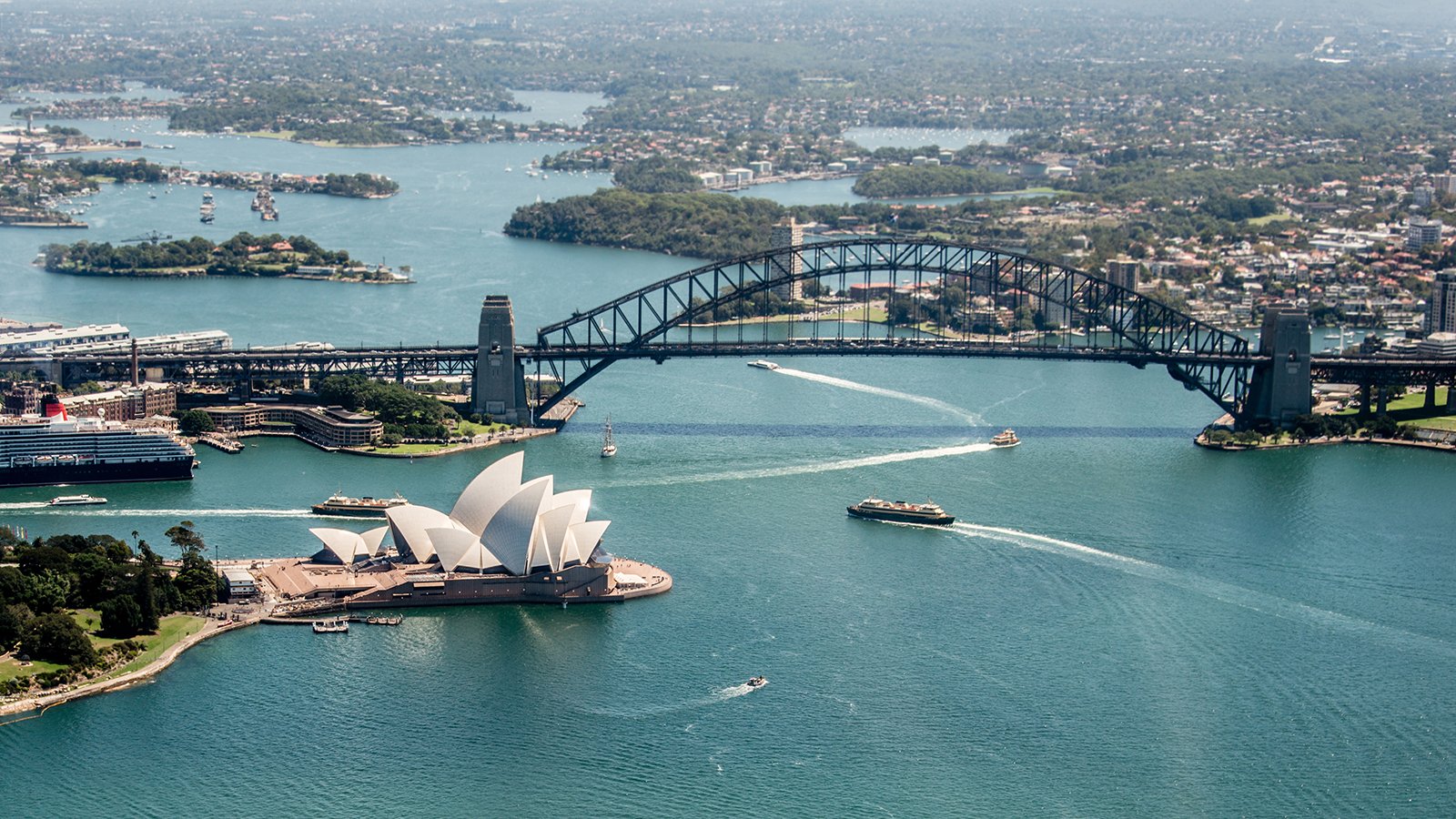 Aerial view of the Opera House and Harbor Bridge in Sydney Australia