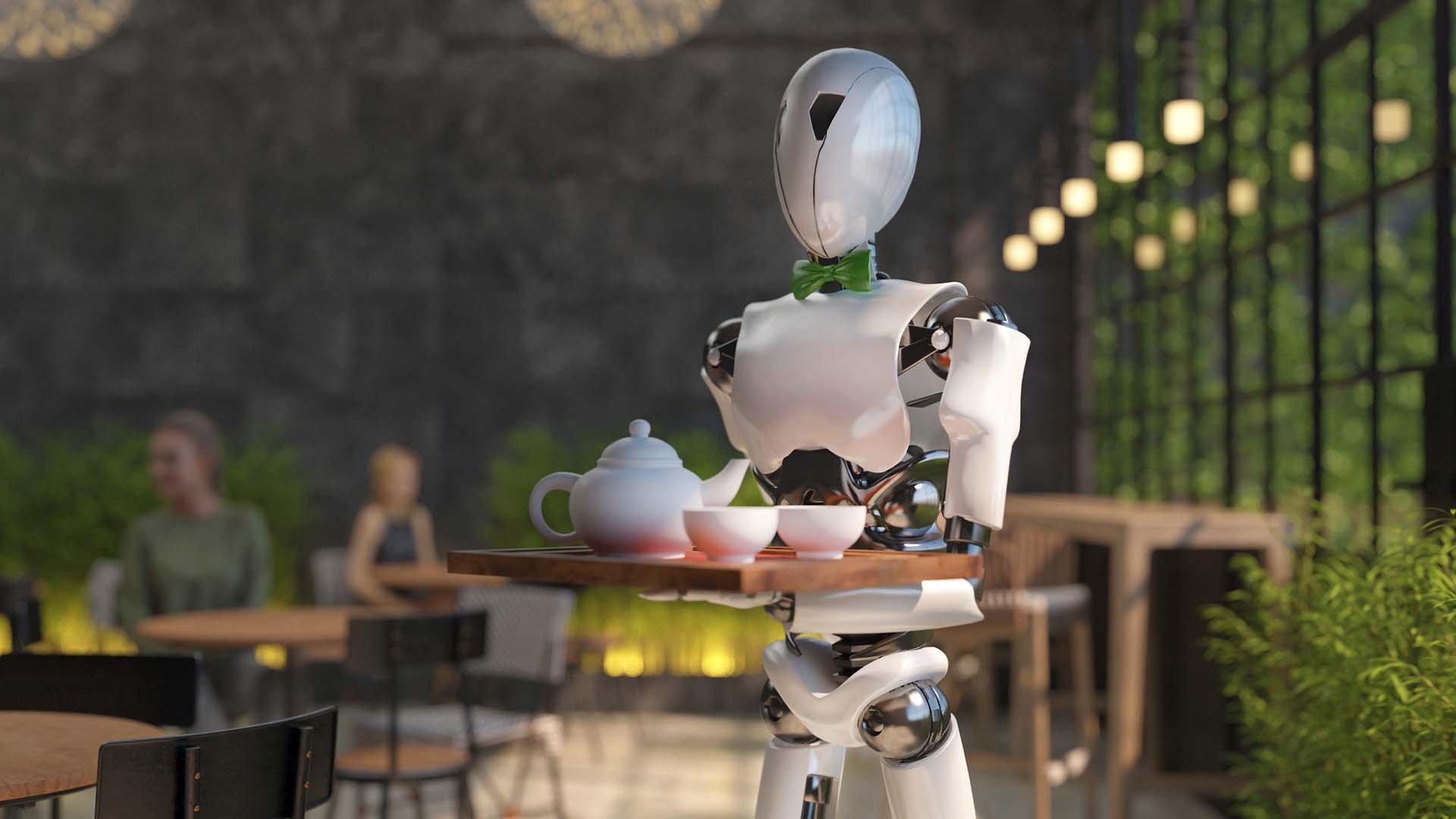 A robot carries a tea set