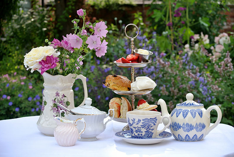 An afternoon tea service in a garden