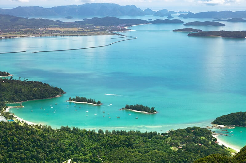 An aerial beach and bay view of Langkawi island in Malaysia