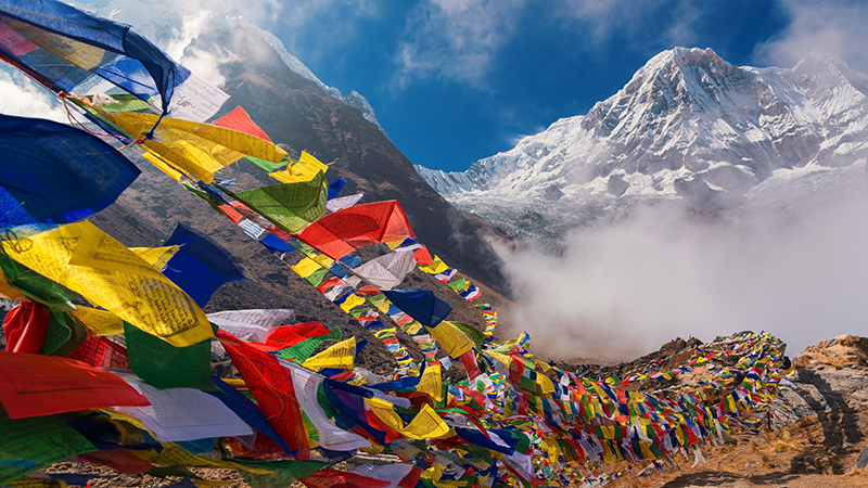 Prayer flags and Mt Annapurna Nepal