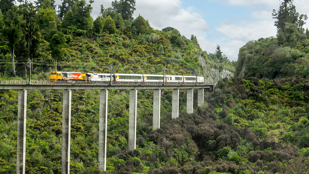 a train crossing a gorge on a bridge