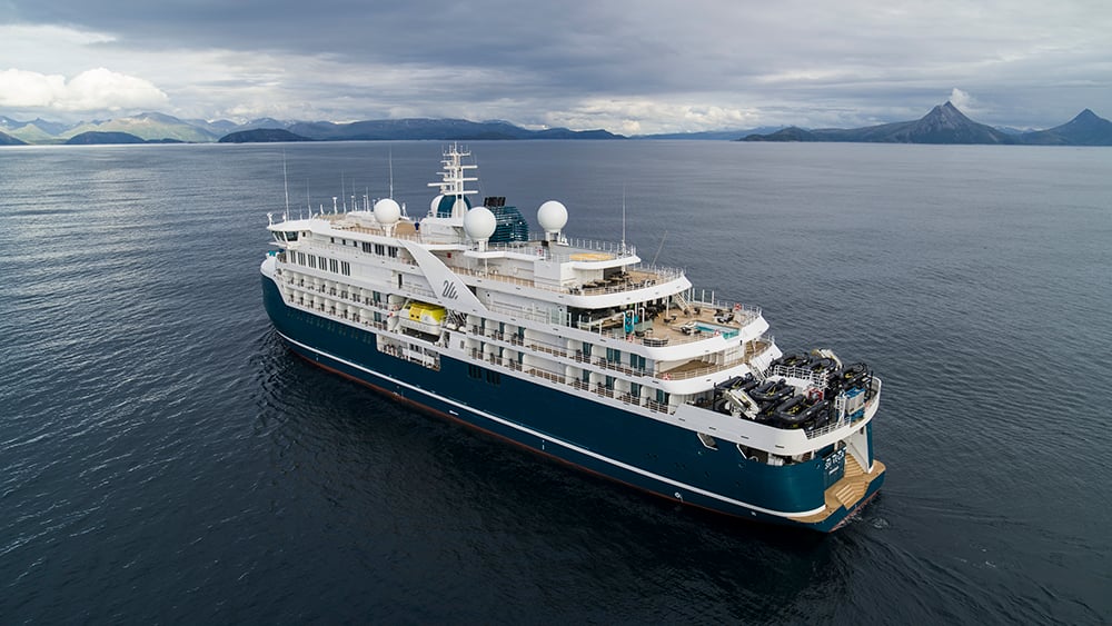 An expedition cruise ship SH Vega as seen from a drone