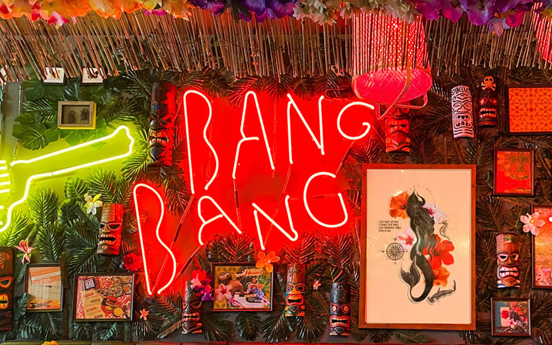 A graphic wall at Cincinnati bar Tiki Tiki Bang Bang